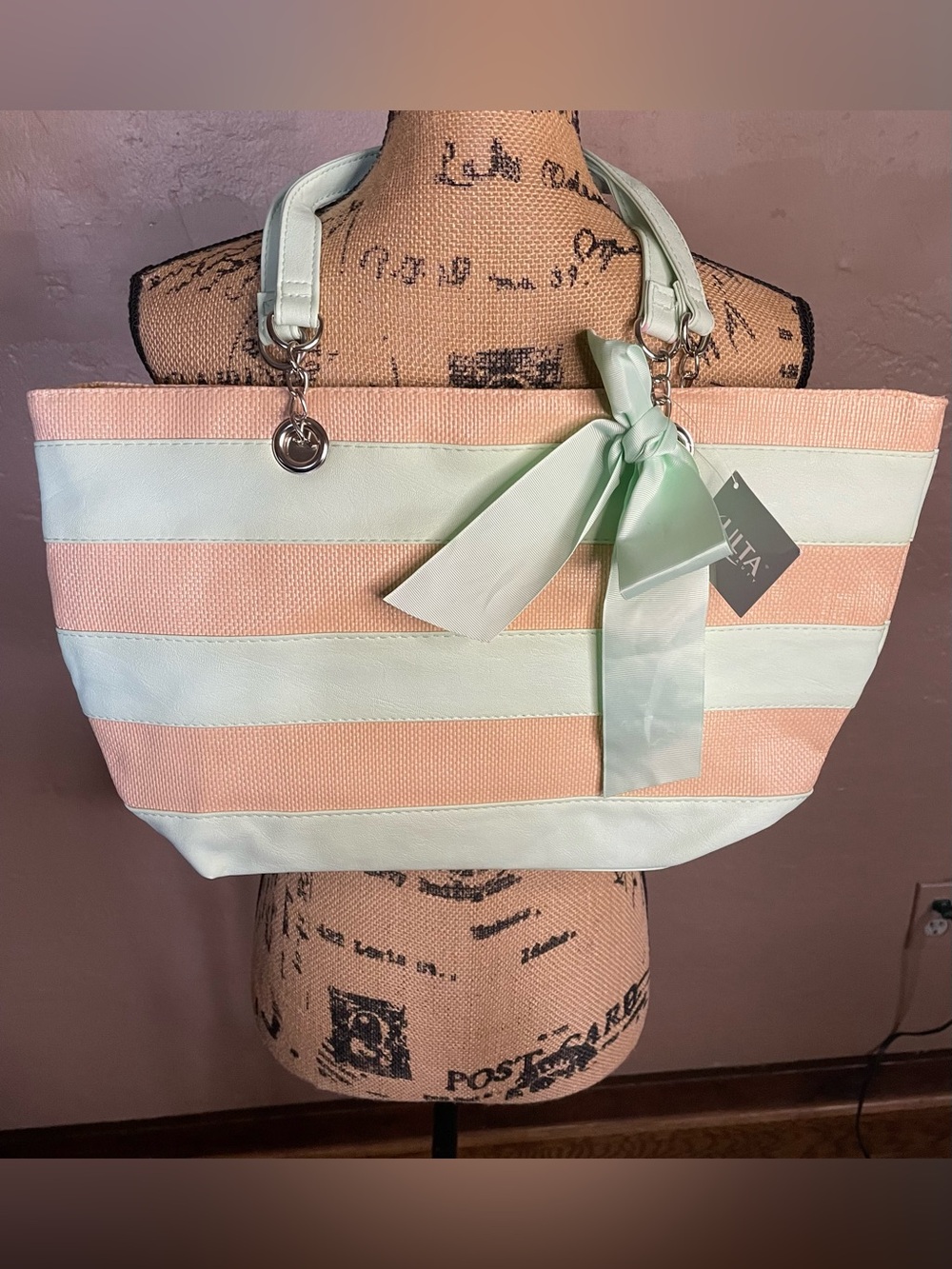 ULTA Mint & Tan Stripe lined Tote Bag with Bow Accent NWT
